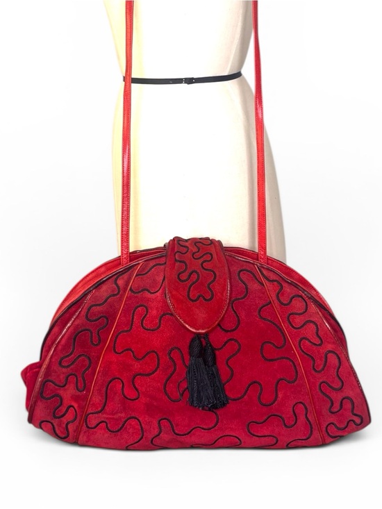 Sharif Handbags - Large Vintage Sharif Red Suede Shoulder Bag with Abstract Design & Black Tassel